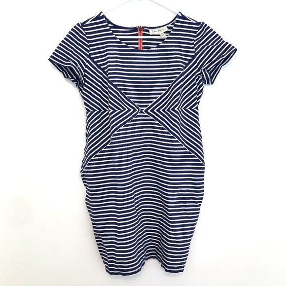JESSICA SIMPSON MATERNITY Navy Blue White Stripe Coral Zipper Sheath Dress Large - Picture 2 of 12
